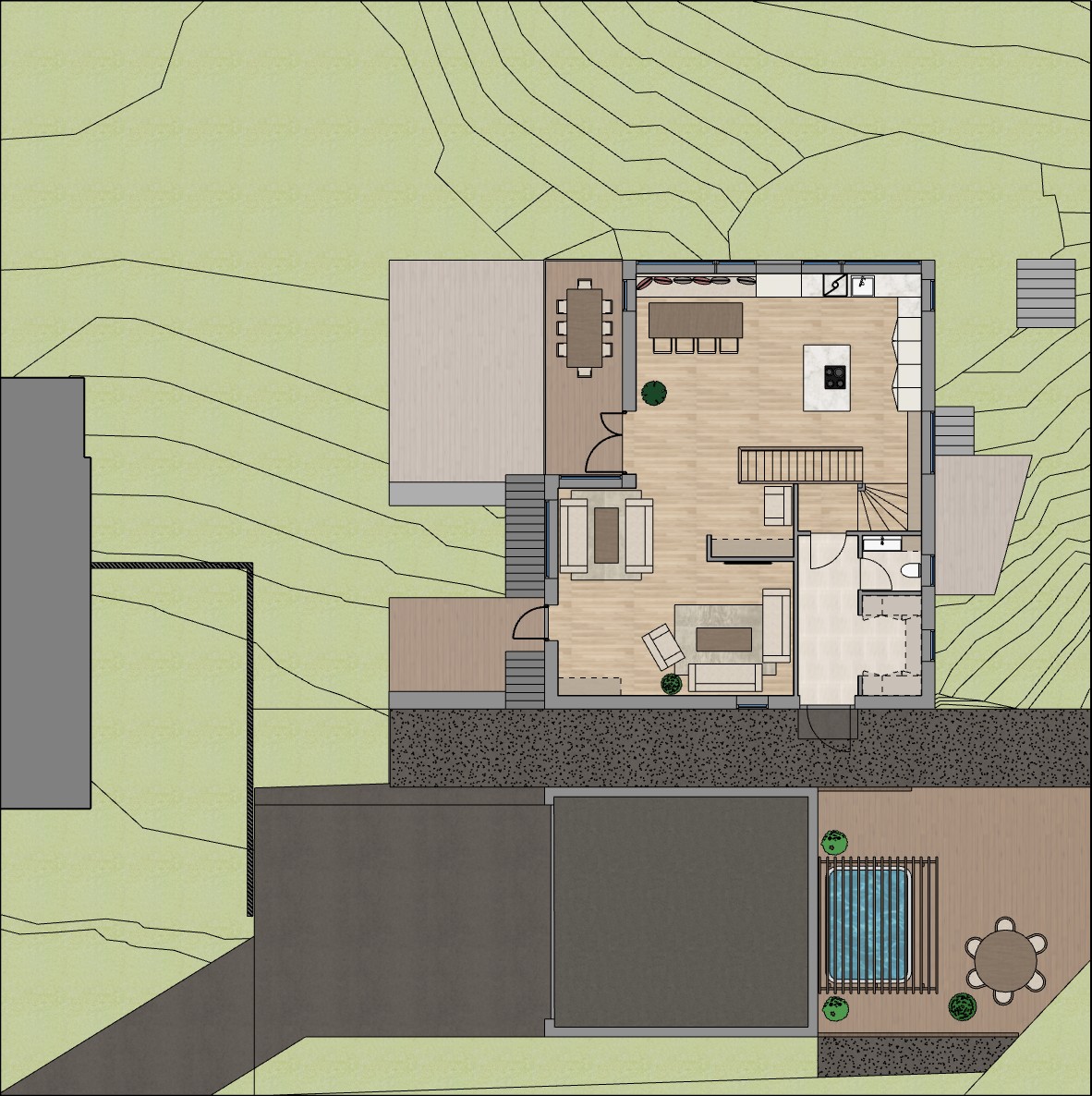 Planløsning enebolig 1. etasje – stor stue